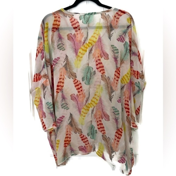 Newbury Kustom Boho Multicolor Feather Print Lightweight Sheer Tunic Top; Small - Picture 2 of 11